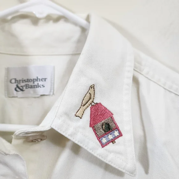 Vintage Christopher & Banks embroidered cat & birds button front shirt jacket XL - Picture 2 of 9